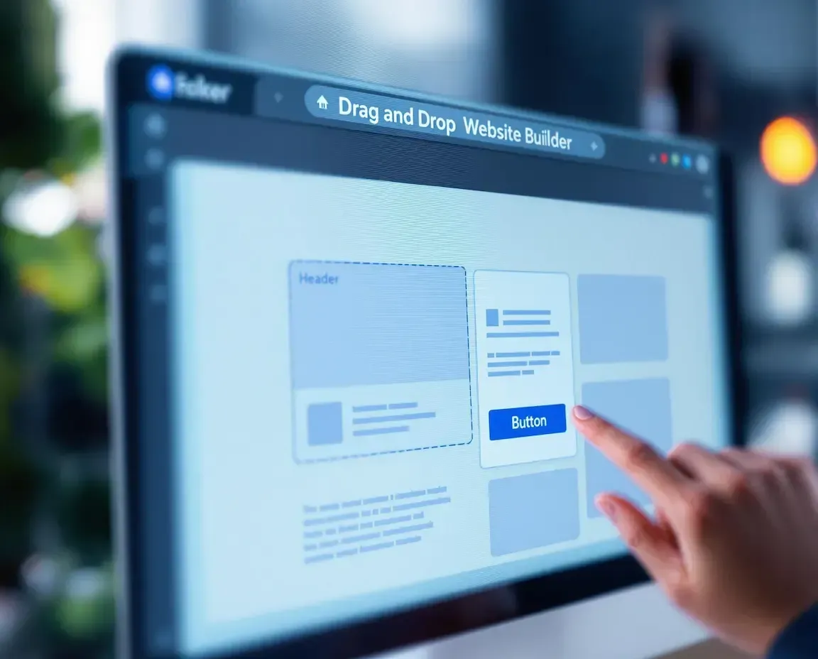 Hand interacting with Ficker Drag and Drop Website Builder on computer screen, showcasing custom business systems and digital marketing tools.