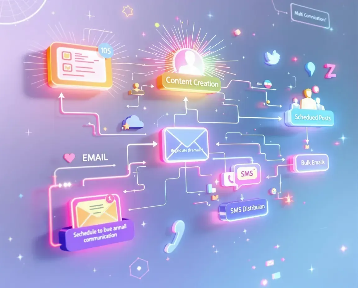 Vibrant infographic of a digital content distribution network for Novalution, featuring email, SMS, and social media channels.