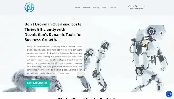 screenshot of a website for novalution.ai. the image has robots evolved from humans in a line representing technology changes