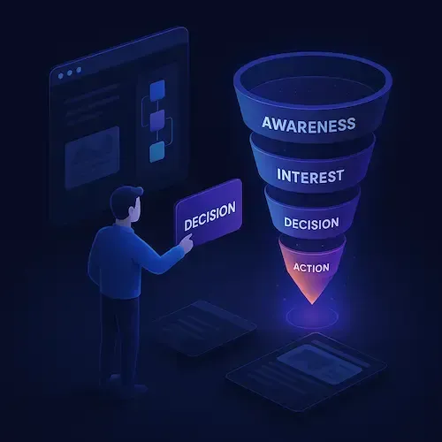 3D isometric illustration of a digital marketing funnel labeled Awareness, Interest, Decision, and Action, with a human figure dragging a decision block into the funnel beside floating UI panels, set in a dark, futuristic workspace with glowing blue and purple highlights.