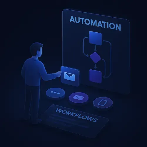 Futuristic 3D isometric scene showing a person interacting with an illuminated automation workflow interface, including email, chat, and SMS icons, linked by a glowing flowchart, against a dark tech-themed background with digital neon lighting.