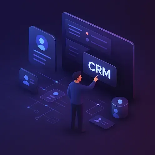 3D isometric illustration of a user engaging with a glowing CRM dashboard surrounded by floating contact cards, data nodes, and connection lines, all set in a dark, high-tech workspace with neon blue, teal, and purple highlights, representing centralized client management.