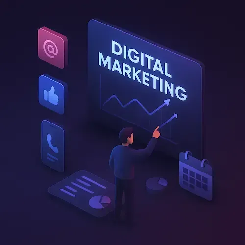 3D isometric scene of a user interacting with a digital marketing dashboard featuring a glowing chart, calendar icon, and floating social media buttons for email, likes, and calls, all set in a futuristic dark-mode environment with vibrant neon accents representing multichannel campaign management.