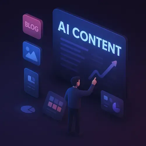 3D isometric illustration of a user interacting with a glowing AI content creation dashboard, surrounded by floating icons for blogs, images, presentations, and analytics, set against a dark digital environment with neon highlights symbolizing automated, optimized content generation.