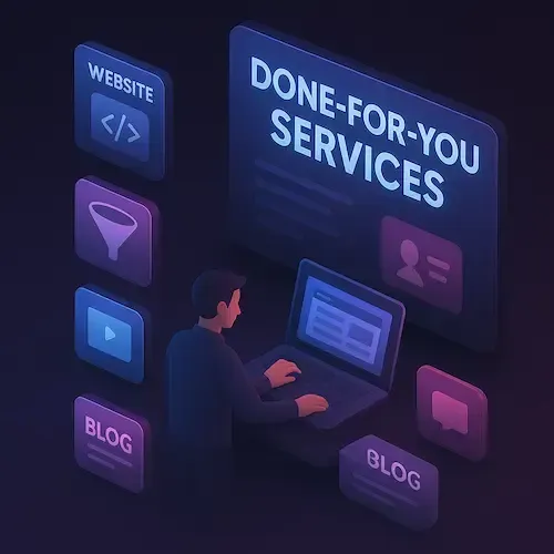 3D isometric scene of a professional using a laptop beneath a glowing "Done-For-You Services" banner, surrounded by floating icons for website, blog, funnel, video, and chatbot setup, all rendered in neon tones against a futuristic dark tech background, symbolizing expert-led AEO-optimized service delivery.