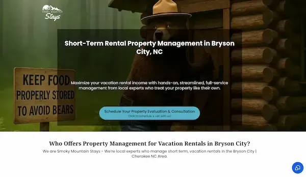 screenshot of a webpage for Moky Mountain Stays Property Management. The scene is Smoky The Bear knocking on a cabin door