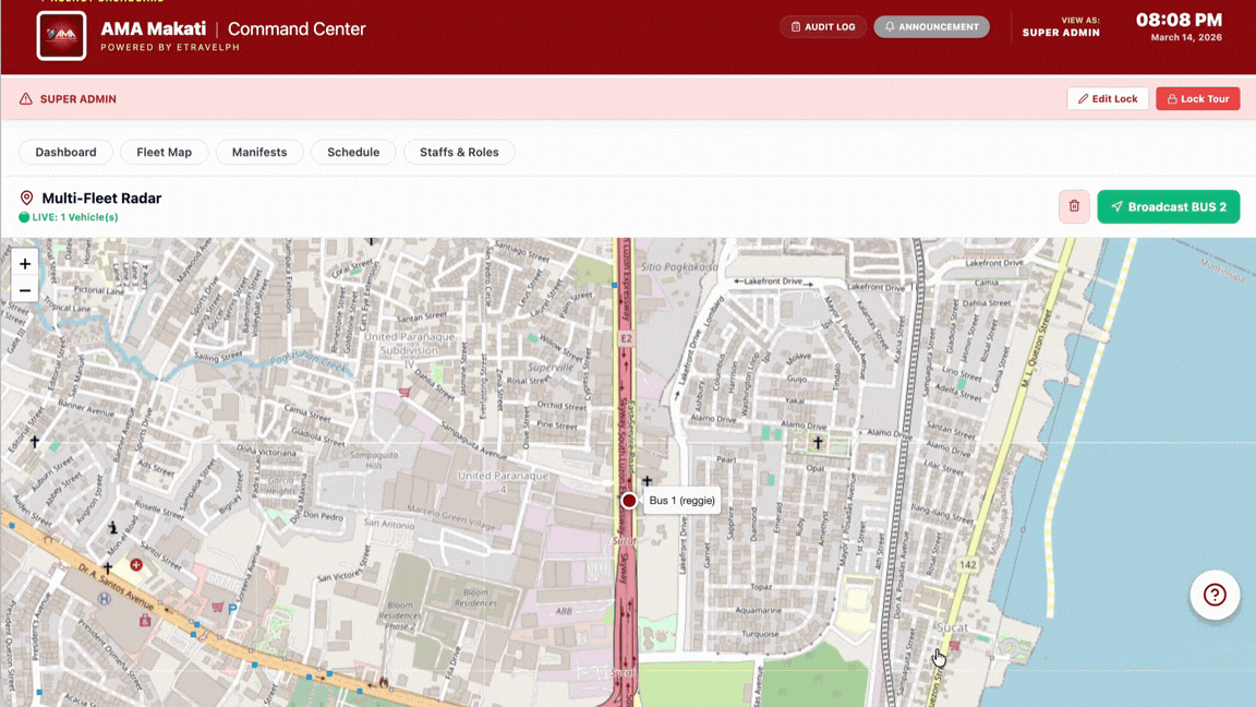 TCC dashboard showing live trip overview and compliance status