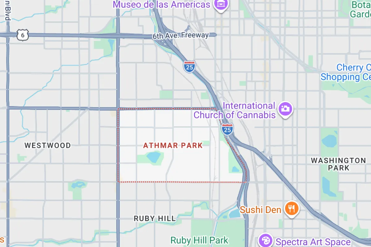 Map highlighting the Athmar Park neighborhood in Denver, Colorado, showing detailed street names and nearby parks like Huston Lake Park and Johnson Habitat Park, aimed at exploring real estate opportunities and popular homes in the area.