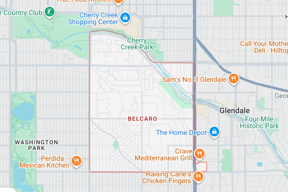 Map of Belcaro neighborhood in Denver, highlighting nearby landmarks such as Washington Park, Cherry Creek Shopping Center, and various restaurants including Sam's No. 3 Glendale, Crave Mediterranean Grill, and Raising Cane's Chicken Fingers.