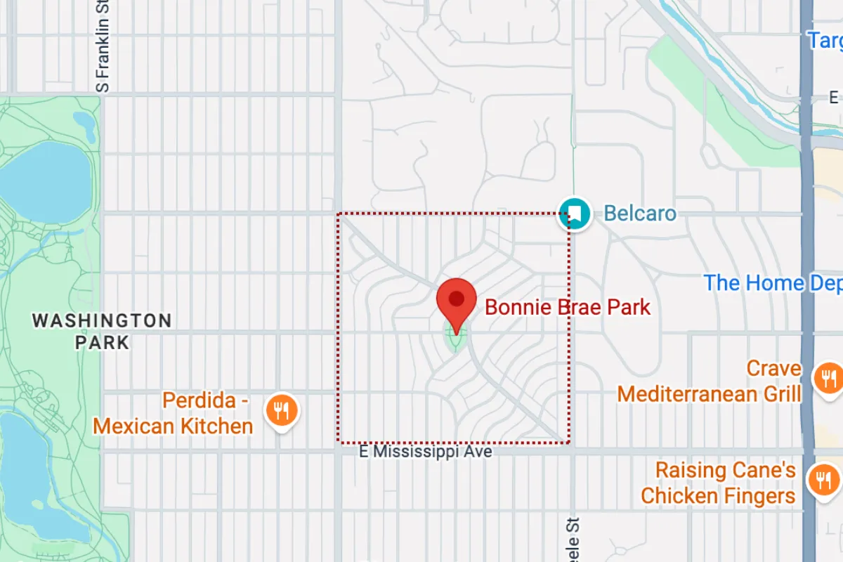 Map highlighting Bonnie Brae neighborhood, featuring Bonnie Brae Park, nearby restaurants like Perdida Mexican Kitchen and Crave Mediterranean Grill, and landmarks such as Washington Park and The Home Depot. Ideal for locating luxury homes in the area.