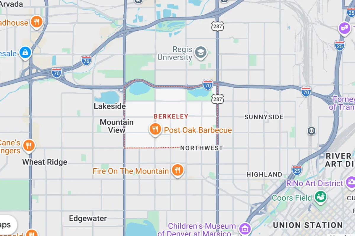 Map showing the Berkeley neighborhood in Northwest Denver, with major roads like I-70 and surrounding areas such as Sunnyside, Highland, and Lakeside. Key landmarks include Regis University and local eateries like Post Oak Barbecue, highlighted on the map. Ideal for those interested in real estate and community attractions in the Berkeley area.