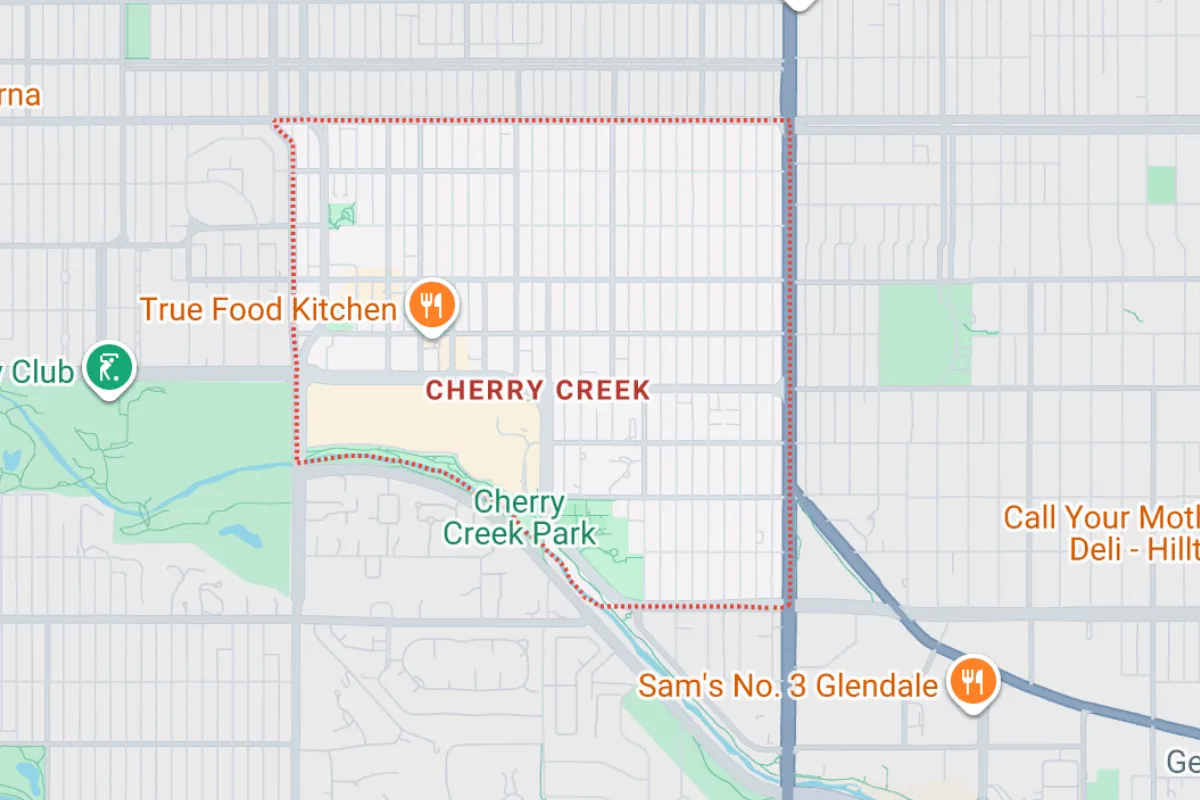 Map showing the Cherry Creek neighborhood in Denver, Colorado, highlighted with a red outline. Notable locations include Cherry Creek Park, True Food Kitchen, and Sam's No. 3 Glendale, enhancing the area's appeal for premium luxury homes.