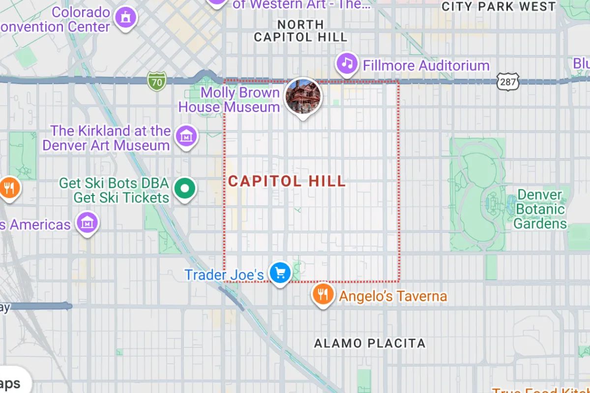 Map highlighting Capitol Hill neighborhood in Denver, featuring nearby landmarks like Molly Brown House Museum, Fillmore Auditorium, Trader Joe's, Denver Botanic Gardens, and Angelo's Taverna, showcasing the area for potential home buyers.