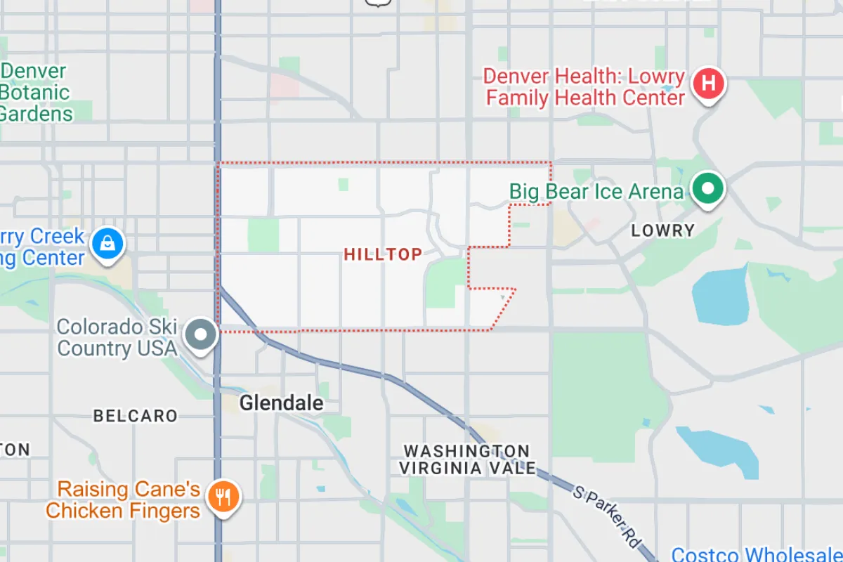 Map highlighting the Hilltop neighborhood in Denver, showcasing nearby landmarks such as Denver Health: Lowry Family Health Center and Big Bear Ice Arena. The map includes surrounding areas like Glendale and Washington Virginia Vale, useful for real estate context in Denver.