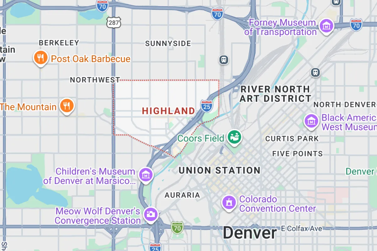 Map highlighting the Highland area in Denver, featuring surrounding neighborhoods, major highways, and landmarks like Coors Field, Union Station, and museums. Useful for understanding real estate opportunities in Highlands Denver.