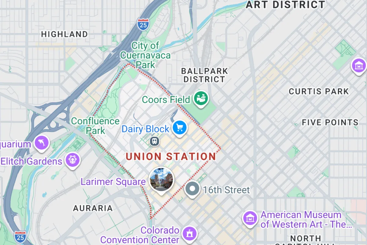 Map showing LoDo district in Denver, highlighting attractions like Union Station, Coors Field, and Larimer Square. Relevant for Denver lofts and real estate market.