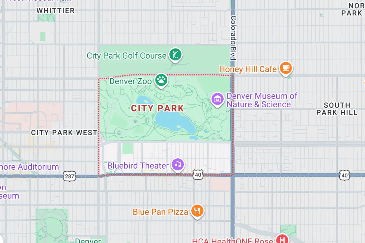 Map of City Park neighborhood in Denver highlighting cultural landmarks like Denver Zoo, Denver Museum of Nature & Science, and Bluebird Theater. Ideal for exploring LGBTQ+ friendly real estate options in Denver.