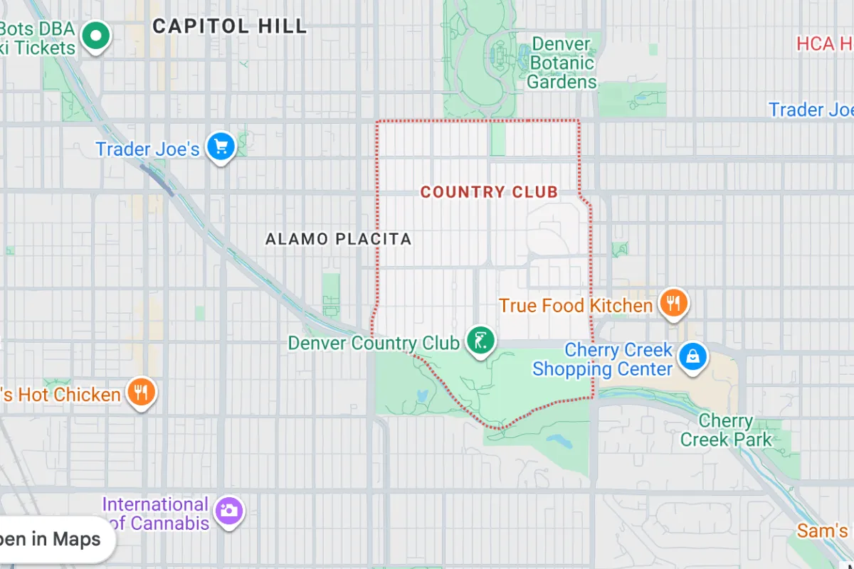 Map showing the Denver Country Club area and nearby landmarks such as Cherry Creek Shopping Center, True Food Kitchen, and Denver Botanic Gardens, highlighting the 'Country Club' neighborhood in Denver.