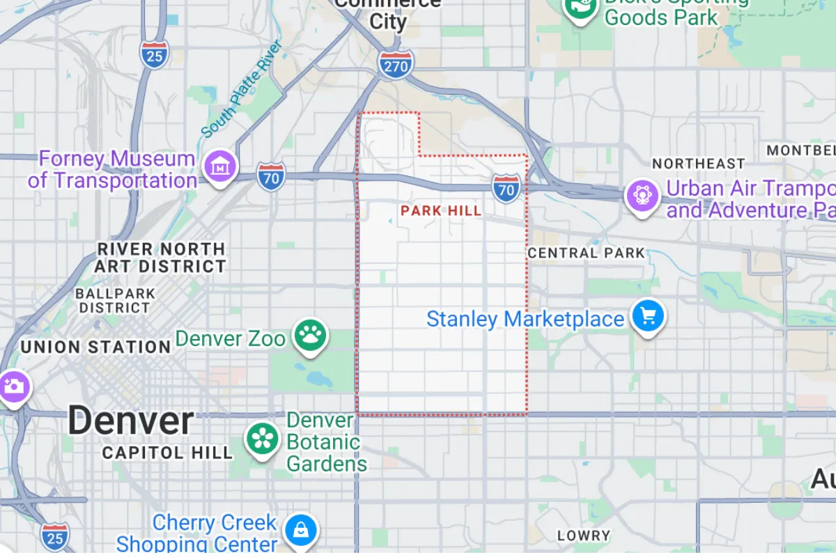 Map of the Park Hill area in Denver, including nearby attractions like Denver Zoo, Denver Botanic Gardens, and Stanley Marketplace. Park Hill is prominently outlined with surrounding neighborhoods and landmarks.