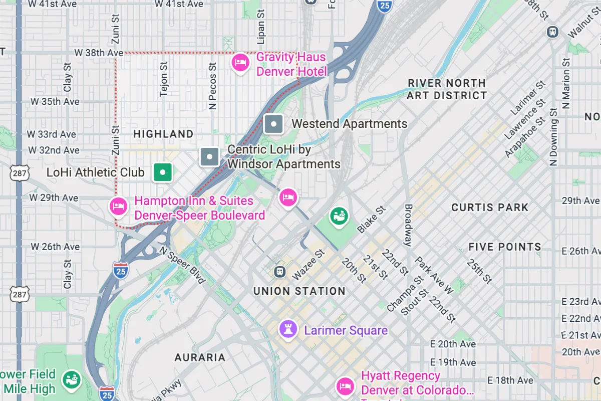 Map highlighting the LoHi neighborhood in Denver, showing major landmarks such as Union Station, Highland, and Curtis Park. Notable locations include Gravity Haus Denver Hotel and Westend Apartments, with key roads like Zuni St and 38th Ave. Ideal for real estate market insights in LoHi Denver.