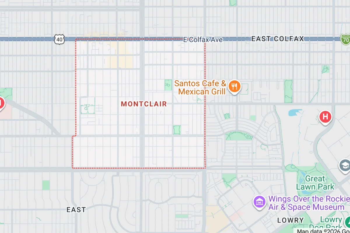 Map highlighting Montclair neighborhood in Denver, showing nearby landmarks like Santos Cafe & Mexican Grill, Great Lawn Park, and Wings Over the Rockies Air & Space Museum, with roads such as E Colfax Ave and East Colfax marked.