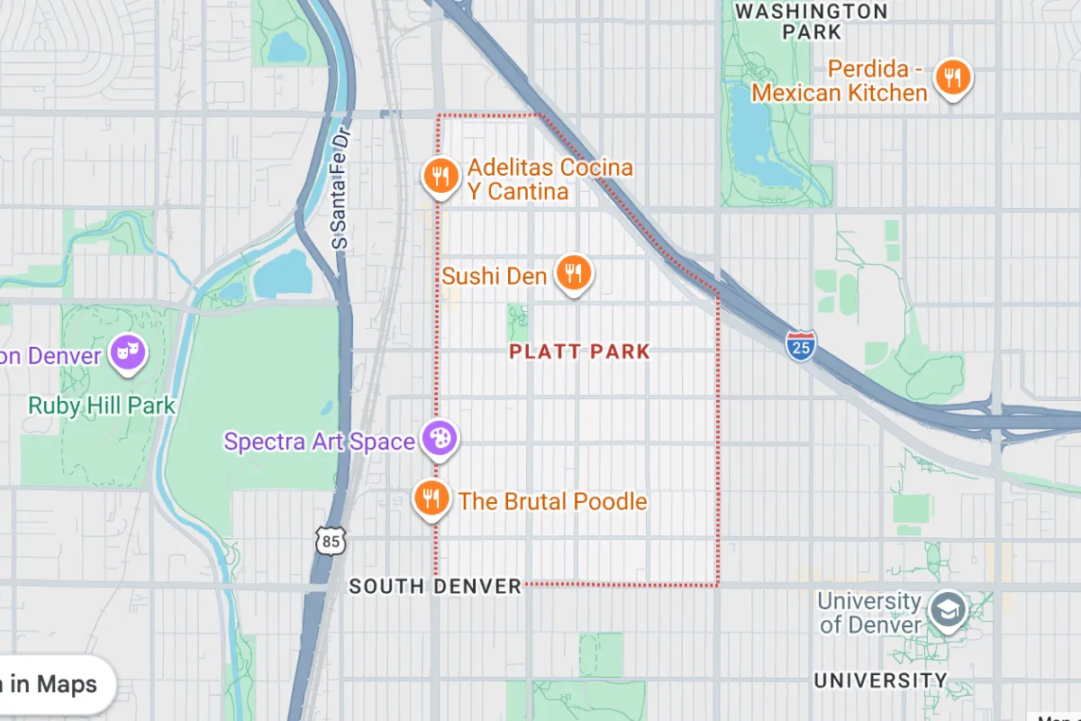 Map of Platte Park area in Denver, showcasing local amenities such as Adelitas Cocina Y Cantina, Sushi Den, and The Brutal Poodle. The map outlines the neighborhood boundaries and nearby landmarks including Washington Park, University of Denver, and Ruby Hill Park. The image highlights the real estate and cultural offerings in Platte Park, making it ideal for potential homebuyers and those interested in historic real estate in Denver.