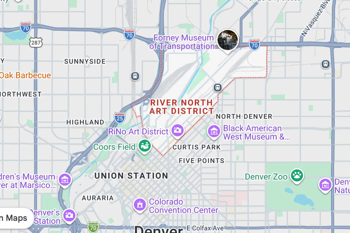 Map of Denver highlighting the River North Art District (RiNo) and surrounding neighborhoods such as Sunnyside, Highland, and Five Points. Landmarks include the Forney Museum of Transportation and Coors Field.