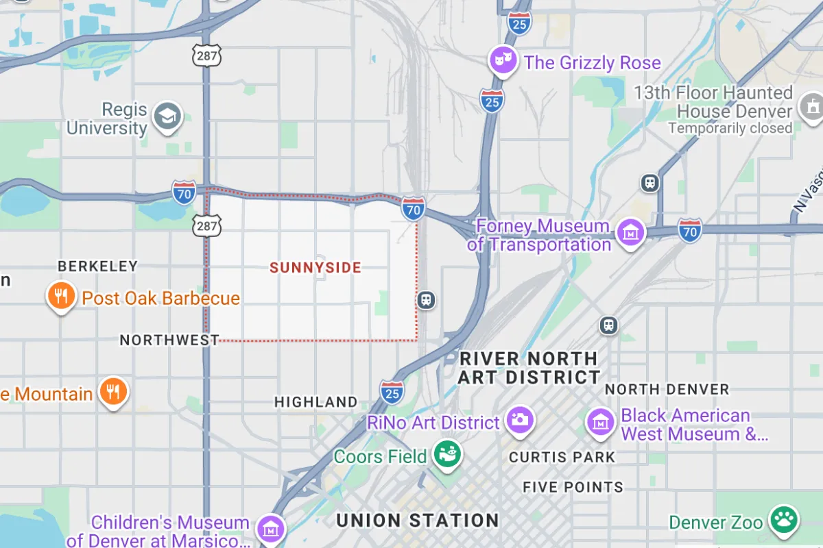 Map highlighting Sunnyside neighborhood in Denver, showing its location relative to I-70 and nearby attractions like Post Oak Barbecue, Forney Museum of Transportation, and RiNo Art District.