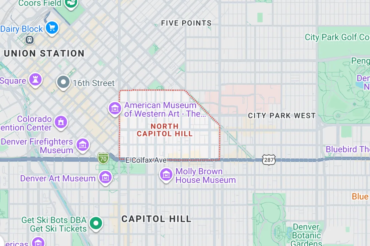Map highlighting North Capitol Hill in Denver, featuring landmarks like the American Museum of Western Art, City Park West, and areas surrounding Union Station and Coors Field. This map is relevant for those interested in Uptown Denver real estate and homes for sale.