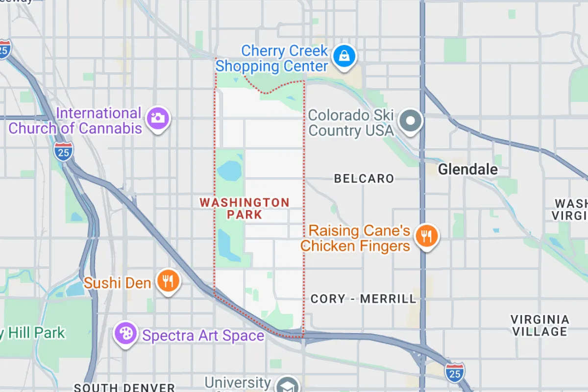 Map highlighting areas in Denver, Colorado including Washington Park, Cherry Creek Shopping Center, and other landmarks like the International Church of Cannabis and Raising Cane's Chicken Fingers. Roads and neighborhoods such as Belcaro and Cory-Merrill are also visible.