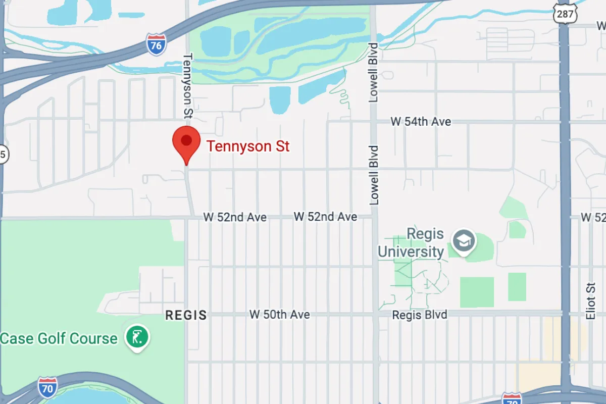 Map highlighting Tennyson Street in Denver, near Regis University and Case Golf Course, showcasing key streets and nearby landmarks.