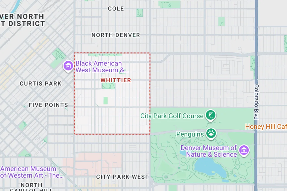 Map of Whittier neighborhood in Denver showing nearby landmarks, including the Black American West Museum, City Park Golf Course, and Denver Museum of Nature & Science. Whittier is centrally located between Curtis Park and City Park West, emphasizing its accessibility for home buyers.