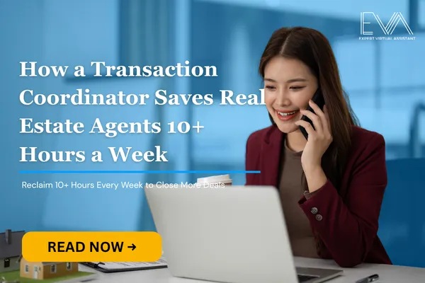 A real estate agent at their desk, calm and focused, client-facing work visible