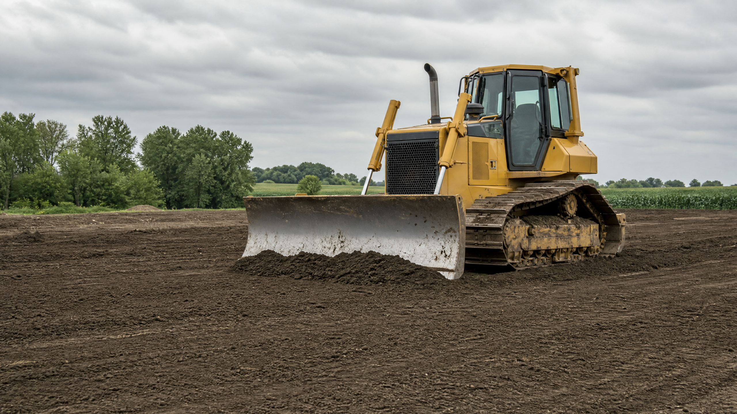 Bulldozer grading a flat dirt lot in rural Iowa