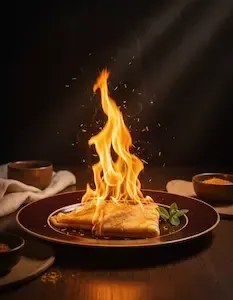 Crêpe Suzette flambée et zestes d'orange