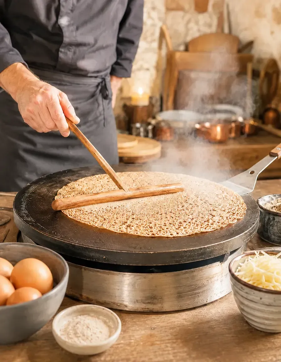 Préparation d’une galette de sarrasin sur une billig traditionnelle à la Crêperie La Sarrasine à Versailles.