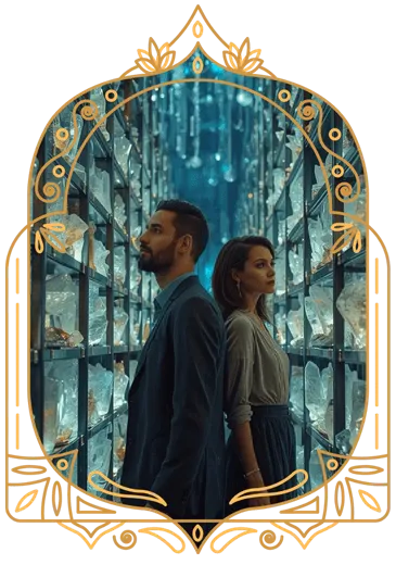 man and woman looking at a library of crytsals