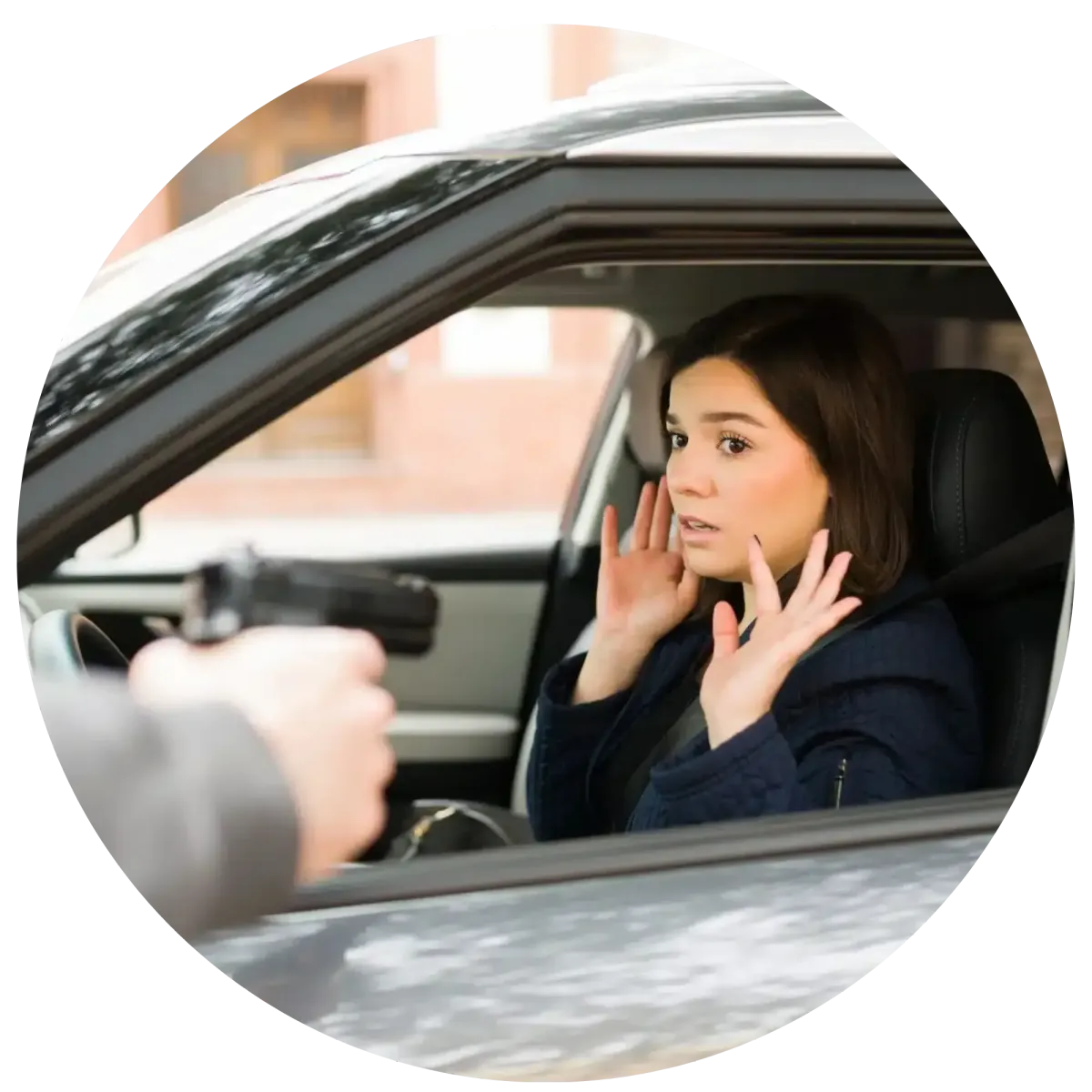 Image depicting a woman in the driver’s seat of a car during an unsettling scenario, emphasizing the importance of comprehensive car insurance for protection against unexpected events.