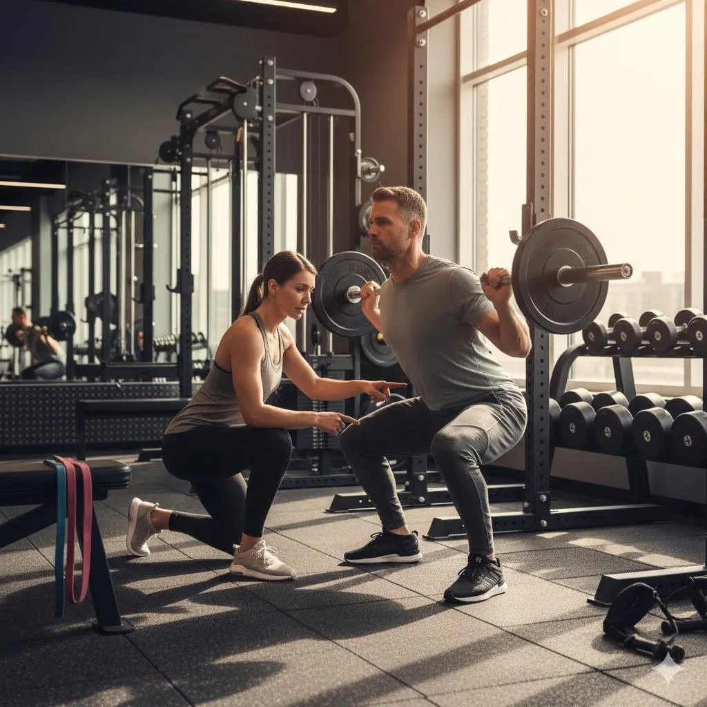 A fitness professional in athletic wear, reviewing a digital schedule on a tablet in a bright, modern gym. The scene uses deep navy and blue tones, with a confident, focused expression, highlighting seamless technology integration.