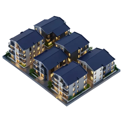 3D icon of modern real estate development symbolizing AI employees for real estate lead management.