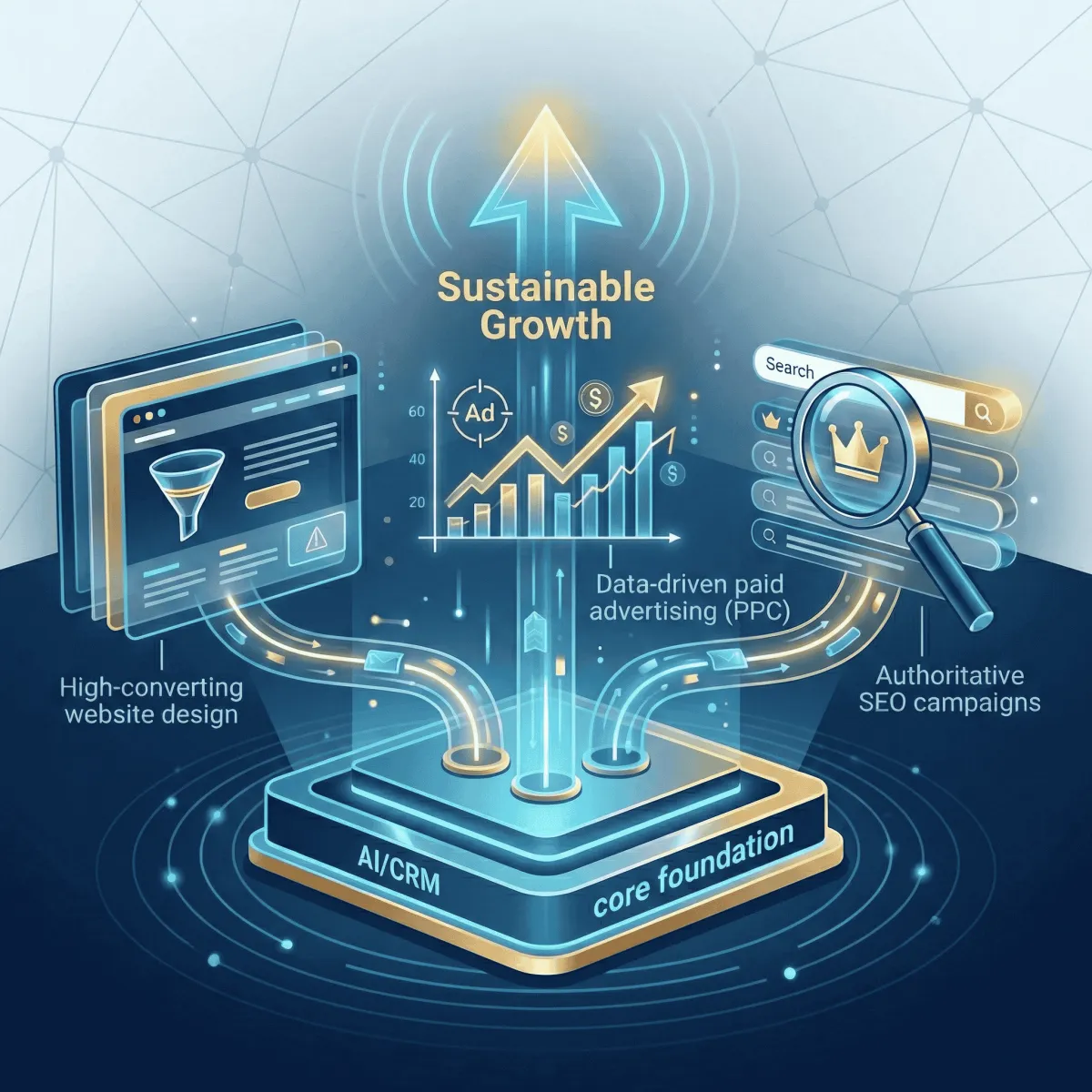 Conceptual diagram of comprehensive marketing growth accelerators built on an AI and CRM foundation.