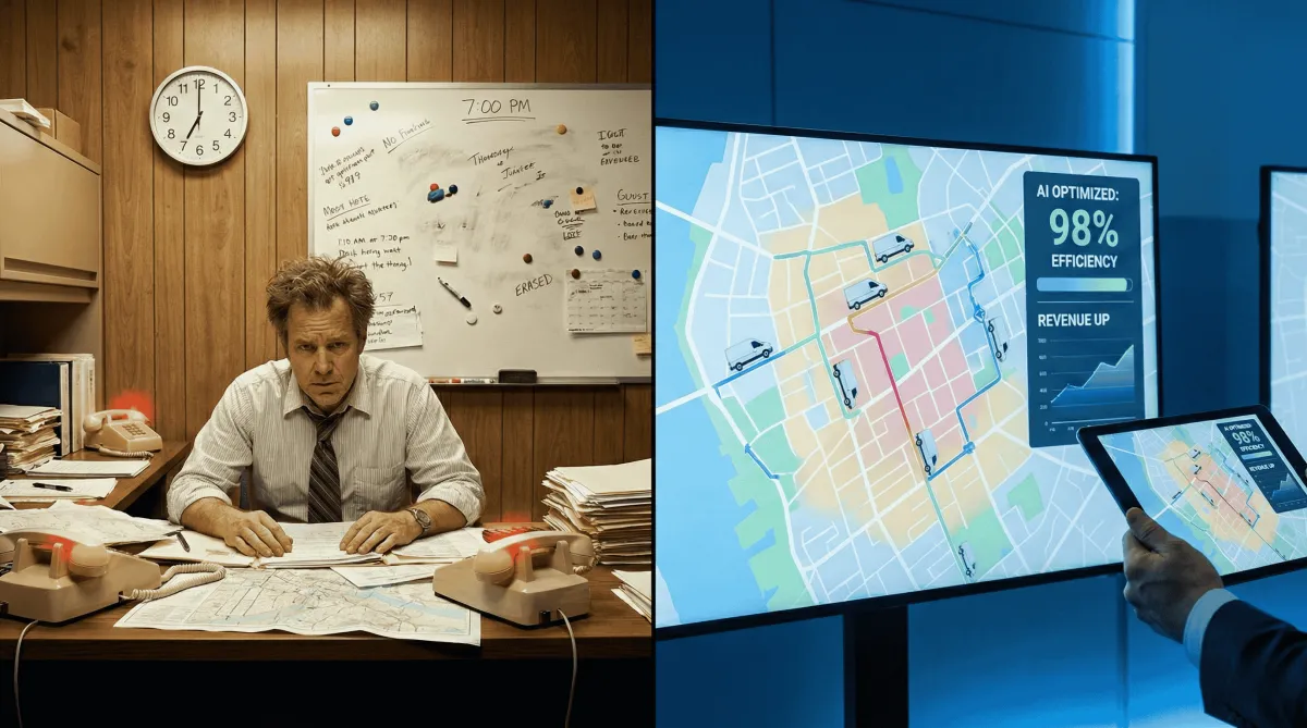 A comparison image showing a stressed manual dispatcher on the left versus a sleek AI dispatcher interface for HVAC and plumbing on the right, illustrating efficient scheduling automation.