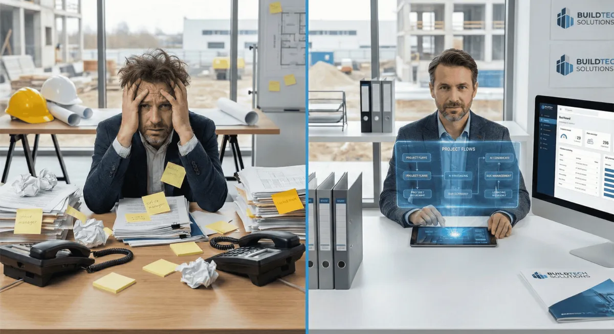 Contractor office manager using AI automation system to manage workflows efficiently compared to manual administrative chaos.