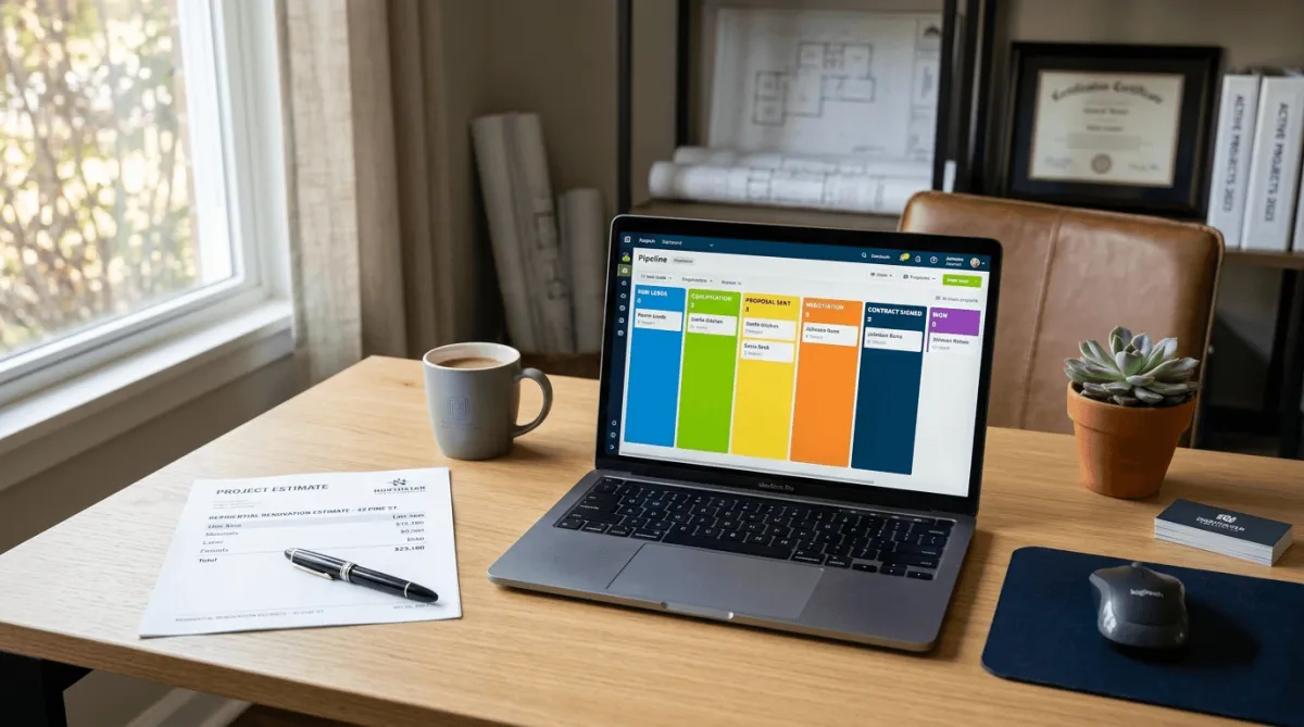 Contractor desk with printed estimate and CRM proposal workflow dashboard showing automated follow-up stages