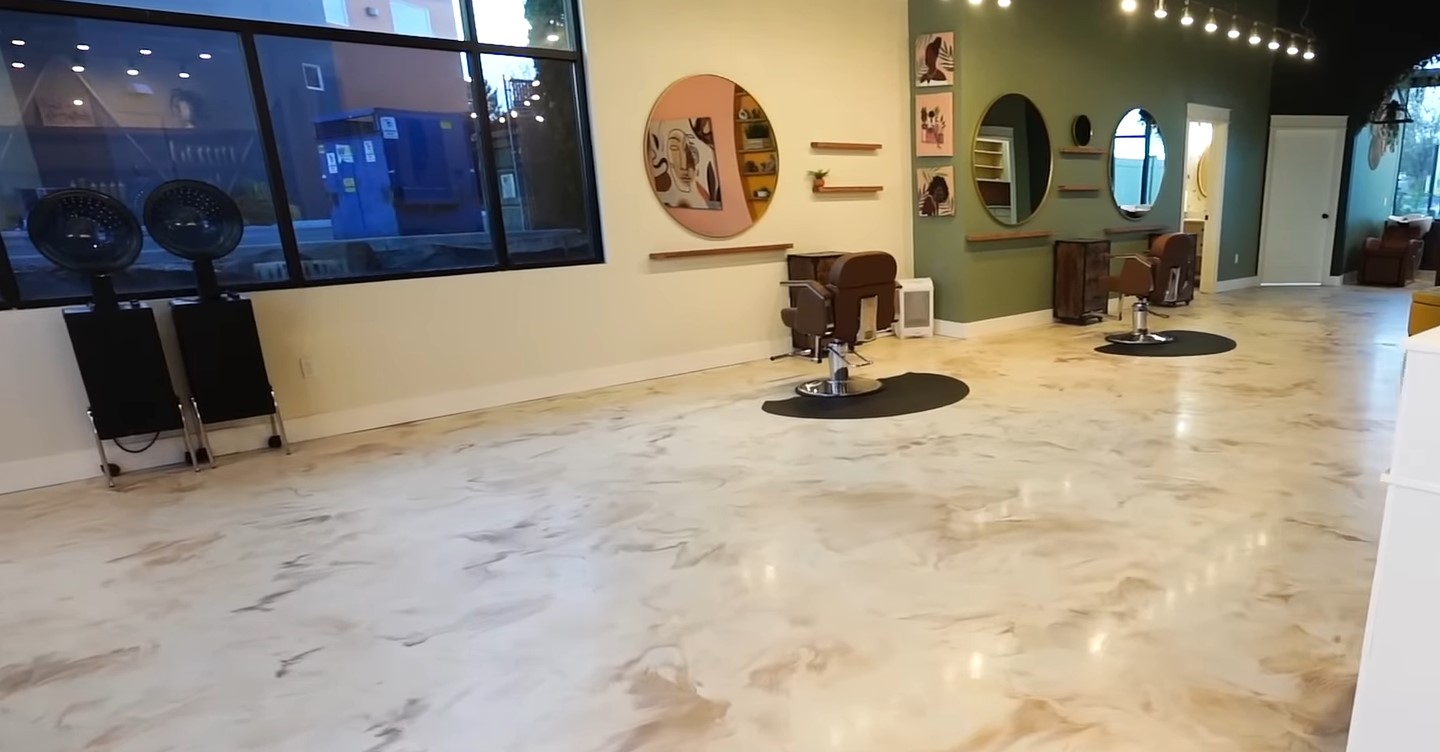 white and brown epoxy floor paint at hairdressers