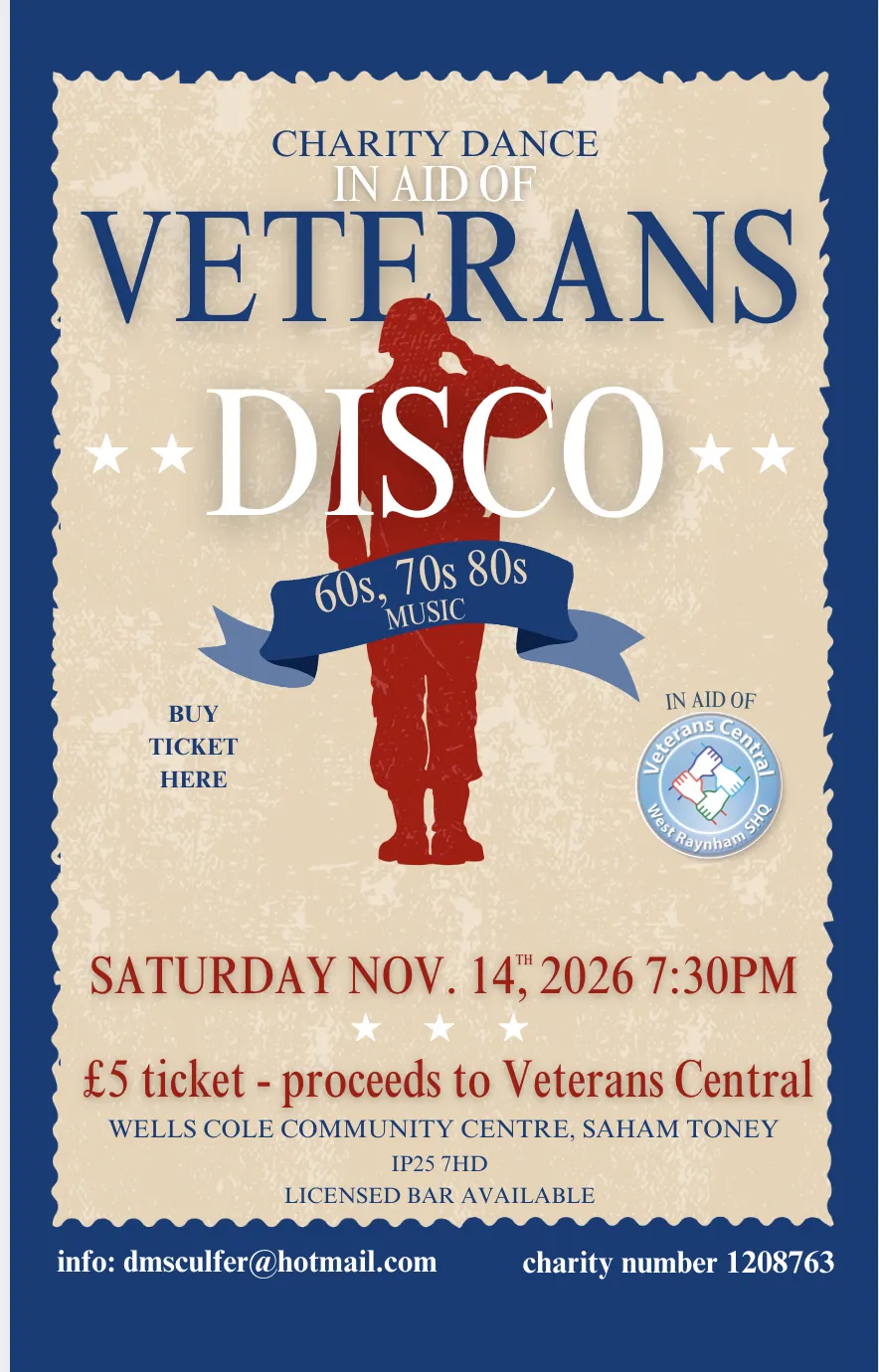 Charity dance poster for Veterans Central, Saham Toney