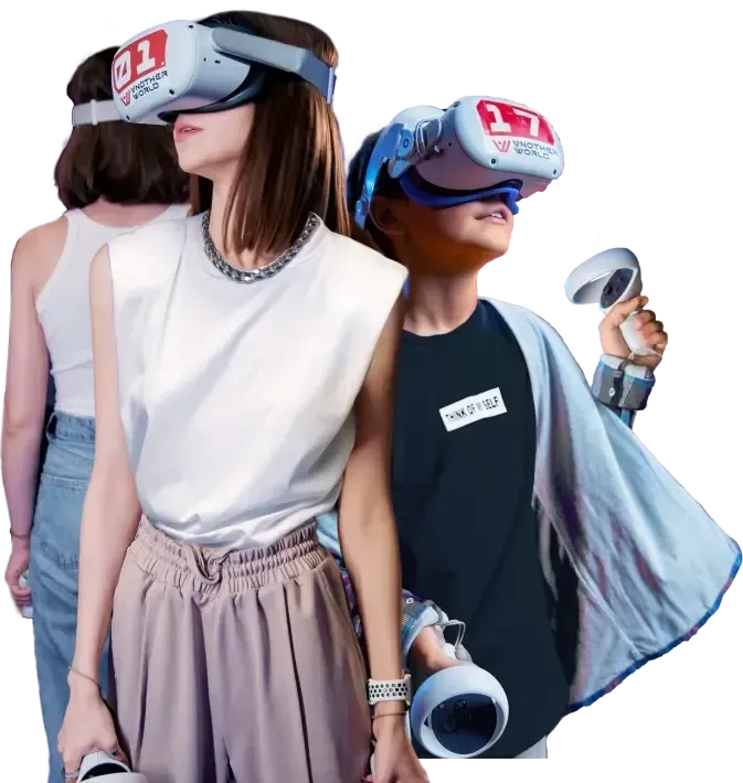 Santa wearing virtual reality headsets and holding controllers, fully immersed in a VR gaming experience at Another World VR.