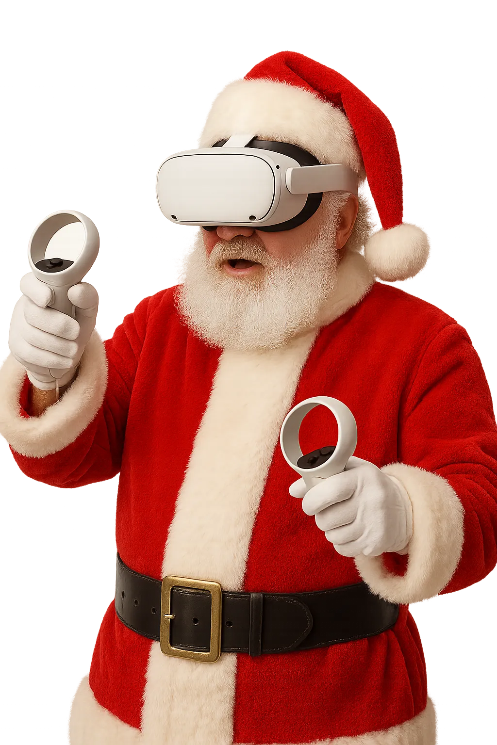 Santa wearing virtual reality headsets and holding controllers, fully immersed in a VR gaming experience at Another World VR.