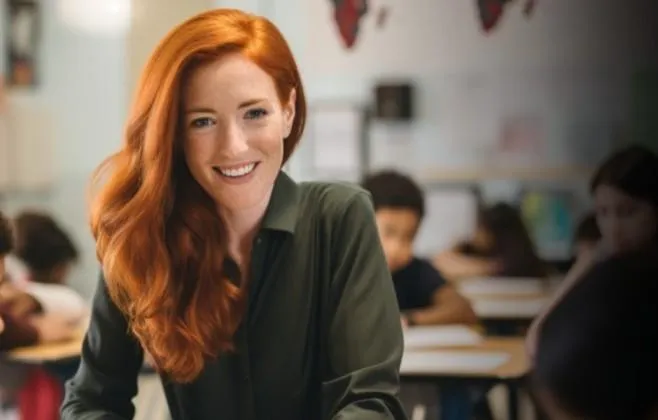 Woman smiling at camera while sitting at desk