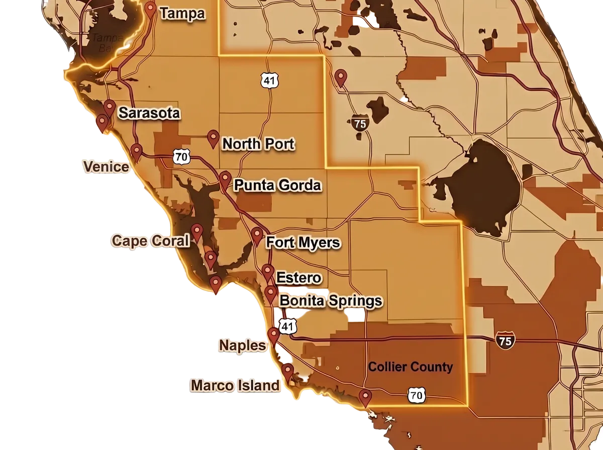 McLeod's Construction service area map covering Lee, Collier and Charlotte County restoration projects in Southwest Florida